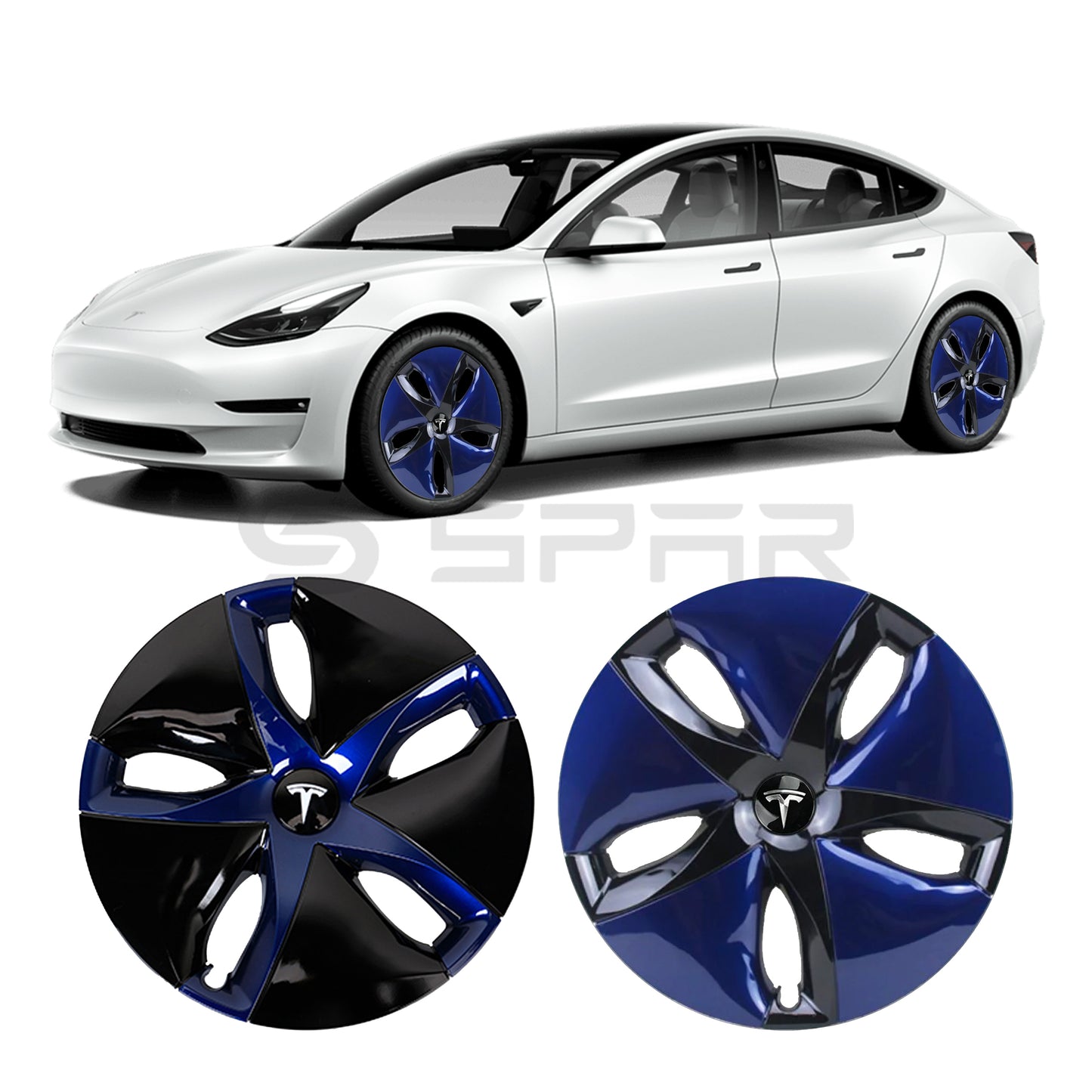 عدة تطوير جمالية لجنوط السيارة بلون أسود و أزرق لامع (4 قطع) لسيارة من نوع تيسلا الطراز 3