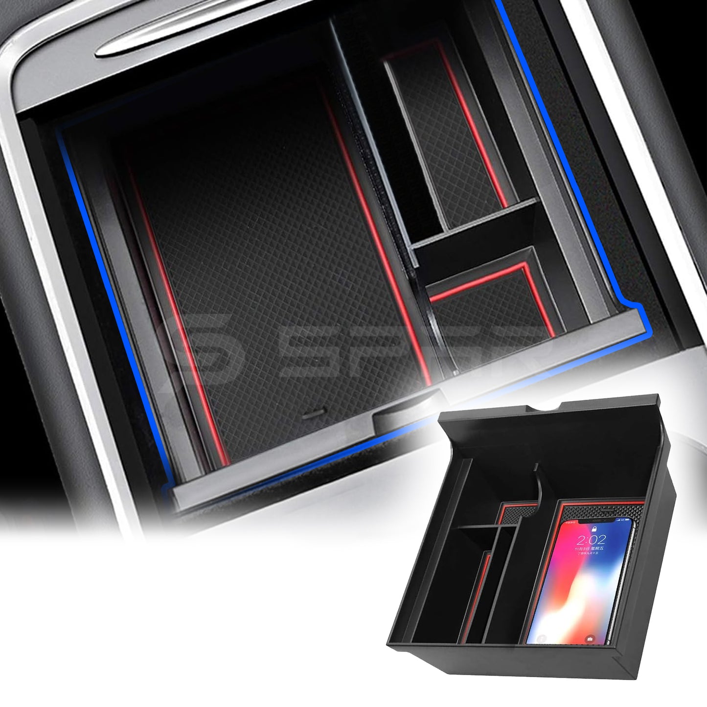 مساحة تخزين كبيرة بغطاء منزلق في لوحة التحكم الرئيسية الجيل الأول لسيارة من نوع تيسلا الطراز (3/Y)