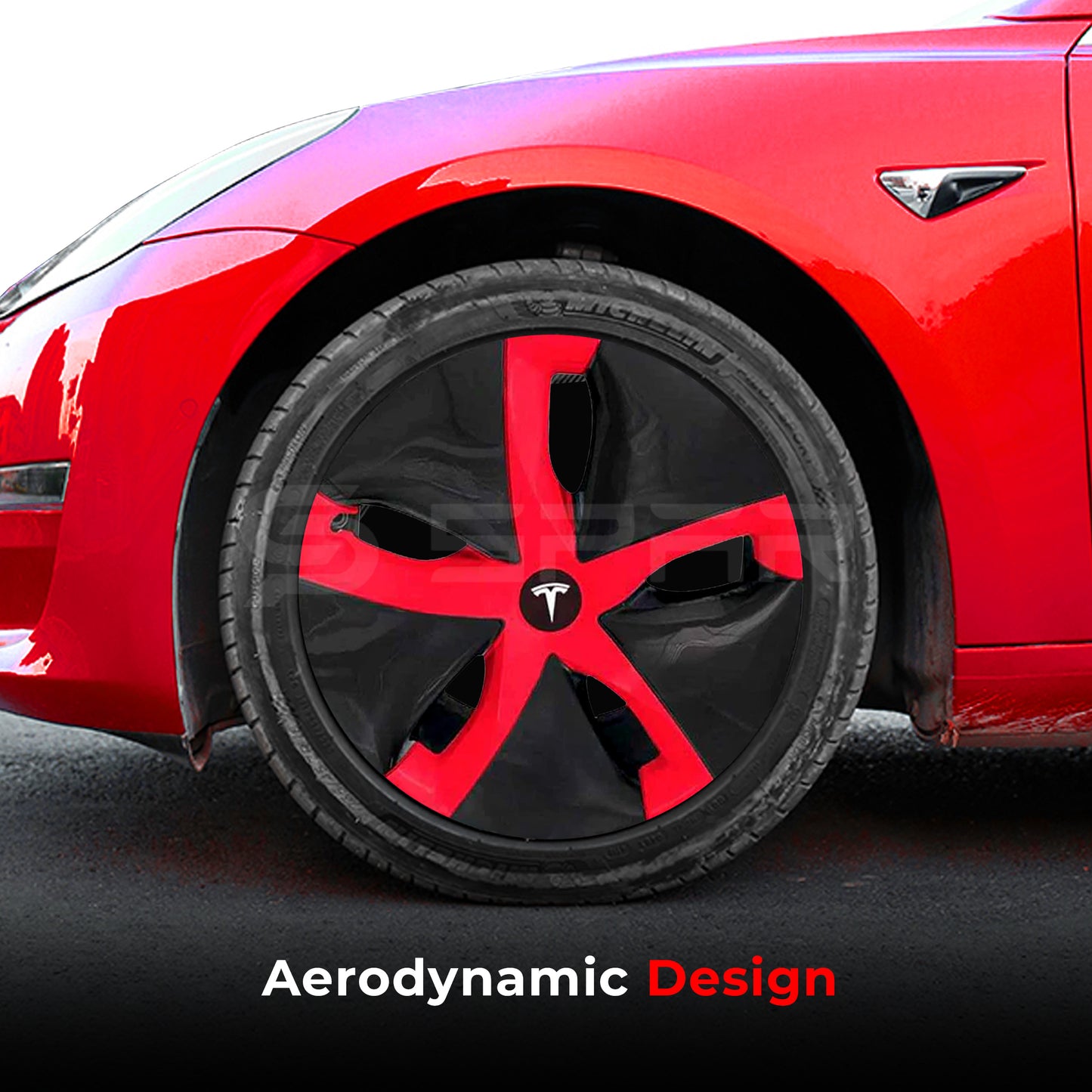 عدة تطوير جمالية لجنوط السيارة بلون أسود و أحمر مطفي (4 قطع) لسيارة من نوع تيسلا الطراز 3