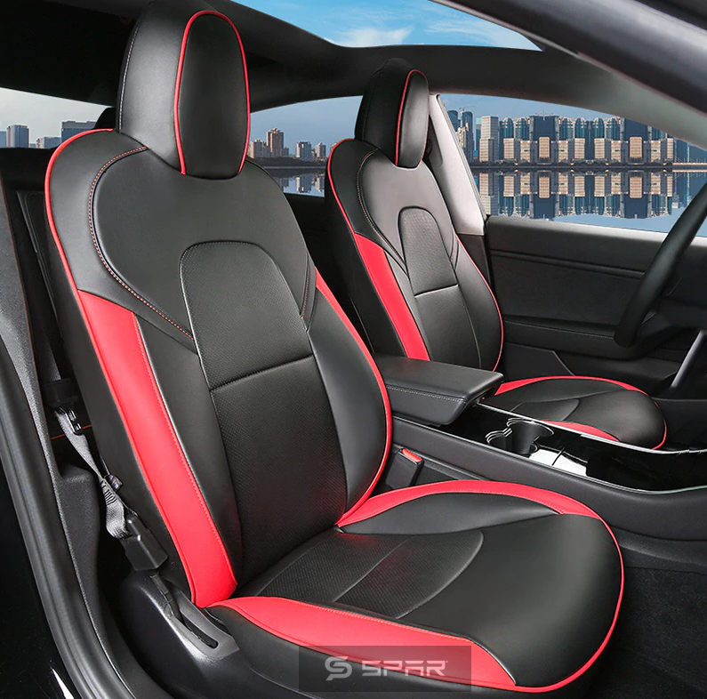 BLACK & RED CUSTOM LEATHER SEAT COVERS SET FOR TESLA MODEL 3