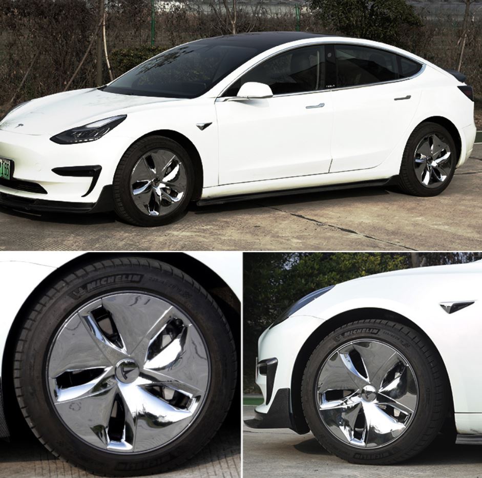 عدة تطوير جمالية لجنوط السيارة بلون كرومي لامع (4 قطع) لسيارة من نوع تيسلا الطراز 3