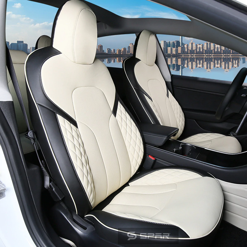 WHITE & BLACK CUSTOM LEATHER SEAT COVERS SET FOR TESLA MODEL 3