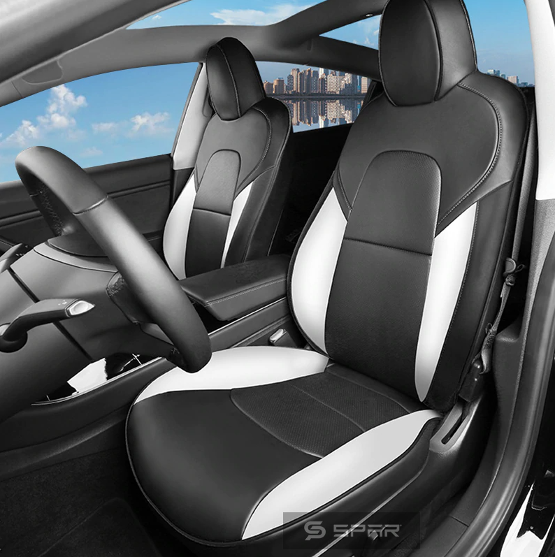 BLACK & WHITE CUSTOM LEATHER SEAT COVERS SET FOR TESLA MODEL 3
