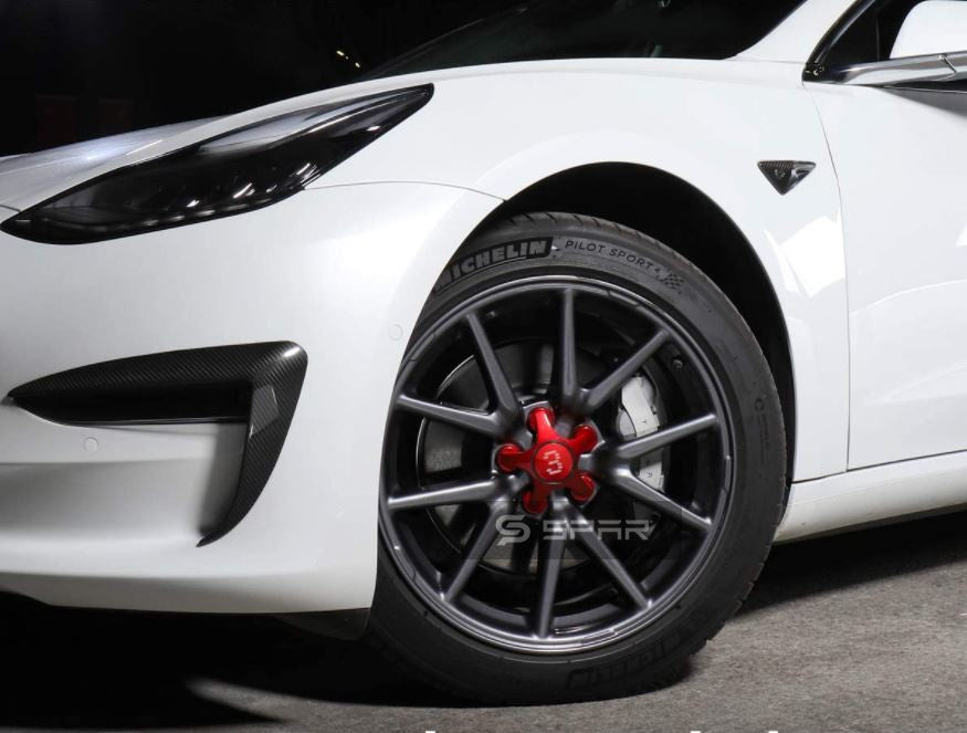 RED WHEEL CENTER STAR HUB CAPS SET FOR TESLA MODEL 3