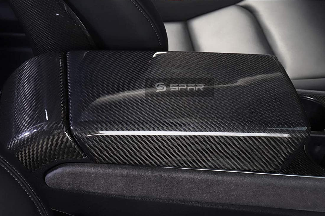 غطاء أصلي لمسند الذراع الأمامي من الكاربون فايبر اللامع لسيارة من نوع تيسلا الطراز (3/Y)