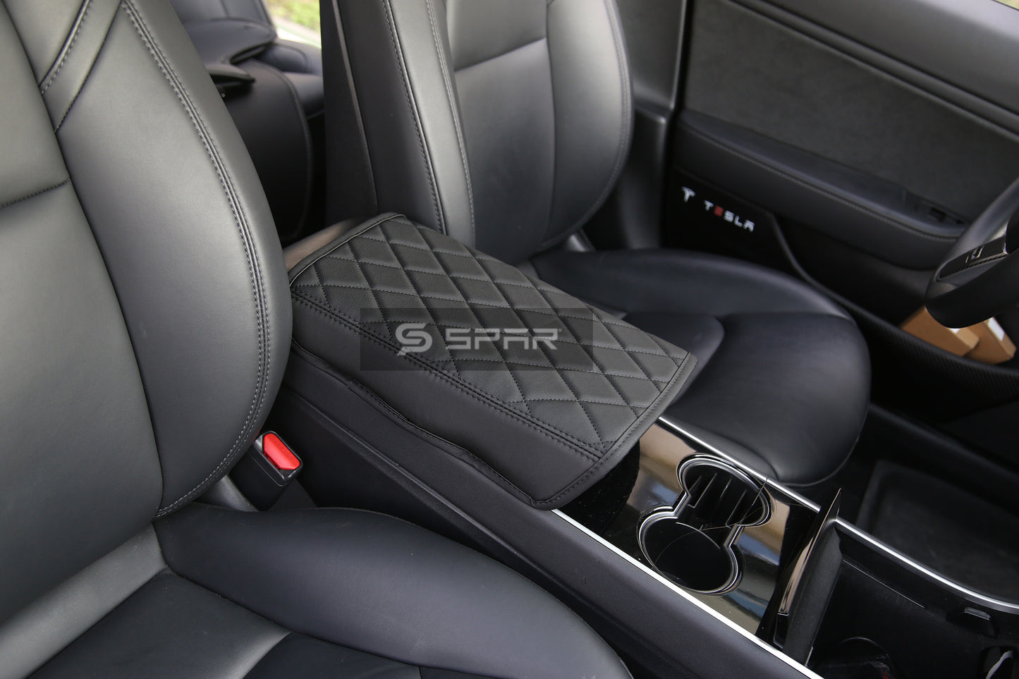 BLACK DIAMOND TEXTURED HAND STITCHED ARMREST COVER FOR TESLA MODEL 3-Y