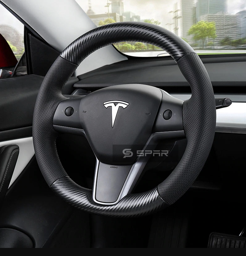 BLACK & CARBON FIBER HAND-STITCHED STEERING WHEEL COVER FOR TESLA MODEL 3-Y