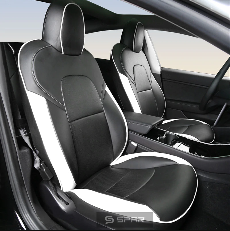 BLACK & WHITE CUSTOM LEATHER SEAT COVERS SET FOR TESLA MODEL 3