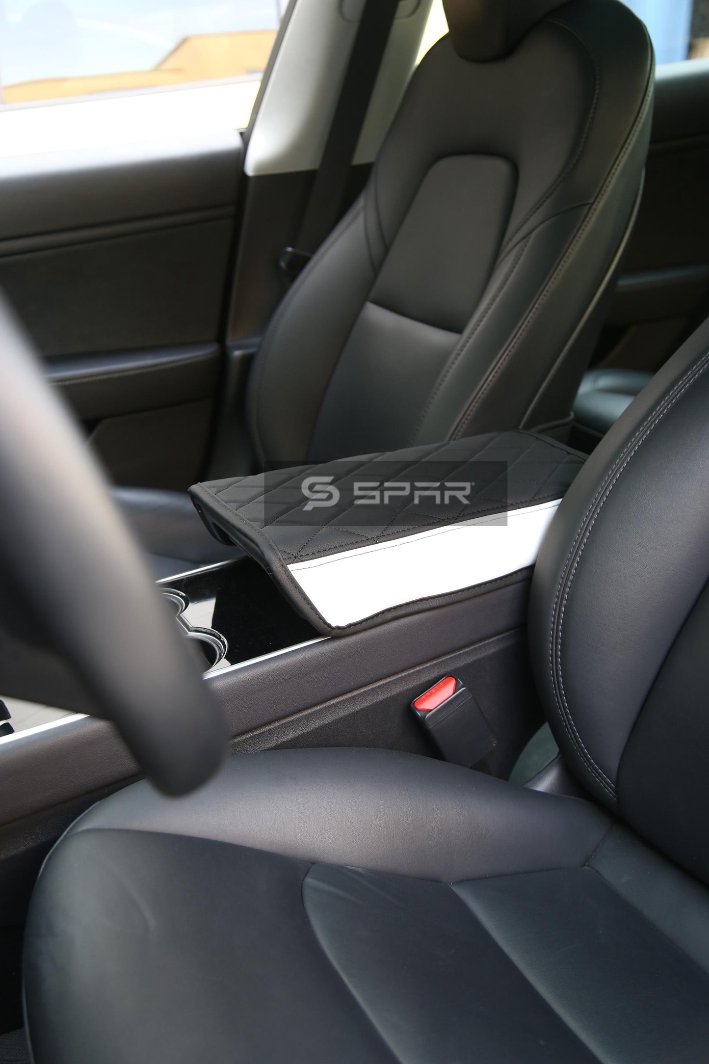 BLACK & WHITE DIAMOND TEXTURED HAND STITCHED ARMREST COVER FOR TESLA MODEL 3-Y