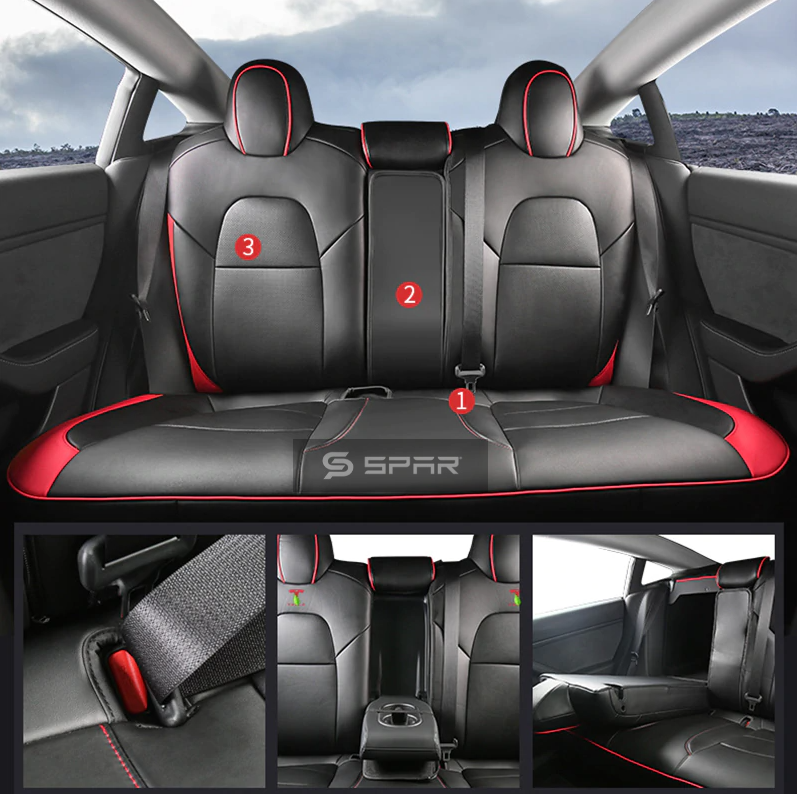 BLACK & RED CUSTOM LEATHER SEAT COVERS SET FOR TESLA MODEL 3
