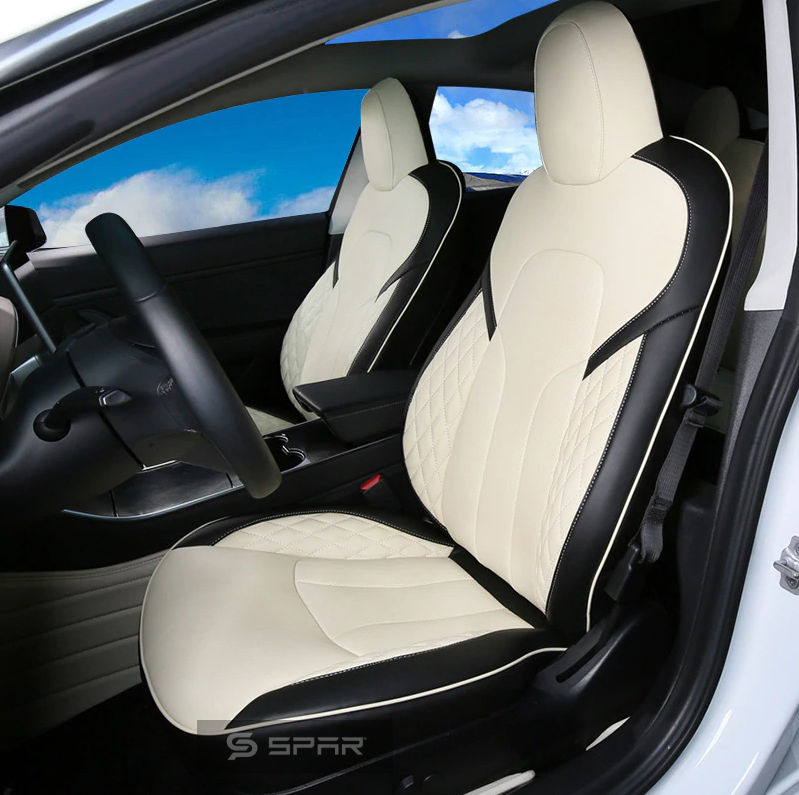 WHITE & BLACK CUSTOM LEATHER SEAT COVERS SET FOR TESLA MODEL 3