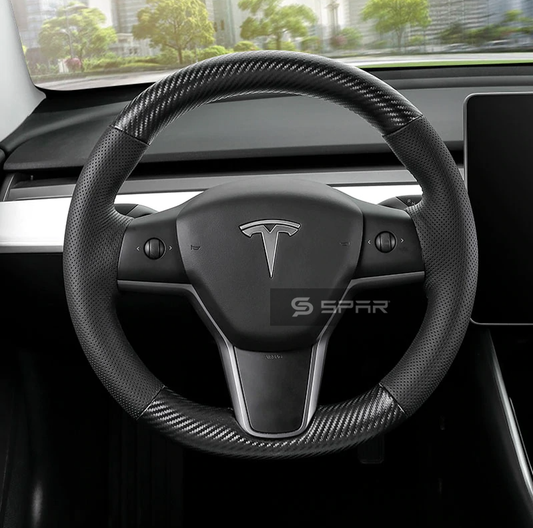 BLACK & CARBON FIBER HAND-STITCHED STEERING WHEEL COVER FOR TESLA MODEL 3-Y