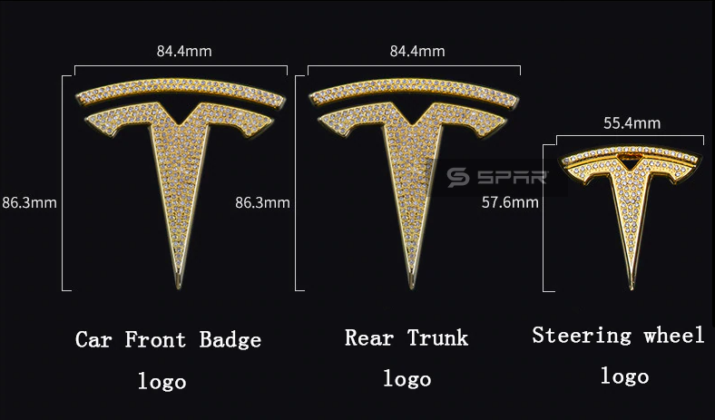 GOLD HANDMADE CRYSTAL EMBLEM DECAL TRIMS (3 PCS. PER SET) FOR TESLA MODEL 3-Y