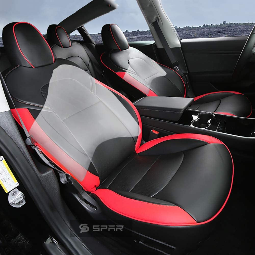 BLACK & RED CUSTOM LEATHER SEAT COVERS SET FOR TESLA MODEL 3