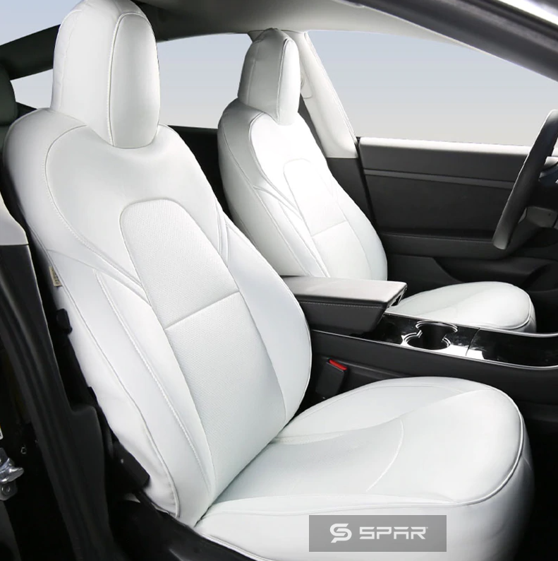 مجموعة أغطية مقاعد جلدية مخصصة بلون أبيض لسيارة من نوع تيسلا الطراز (3/Y)