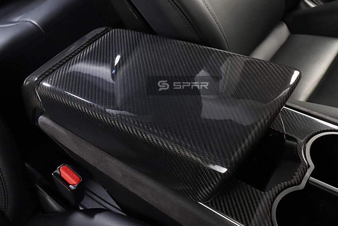 غطاء أصلي لمسند الذراع الأمامي من الكاربون فايبر اللامع لسيارة من نوع تيسلا الطراز (3/Y)