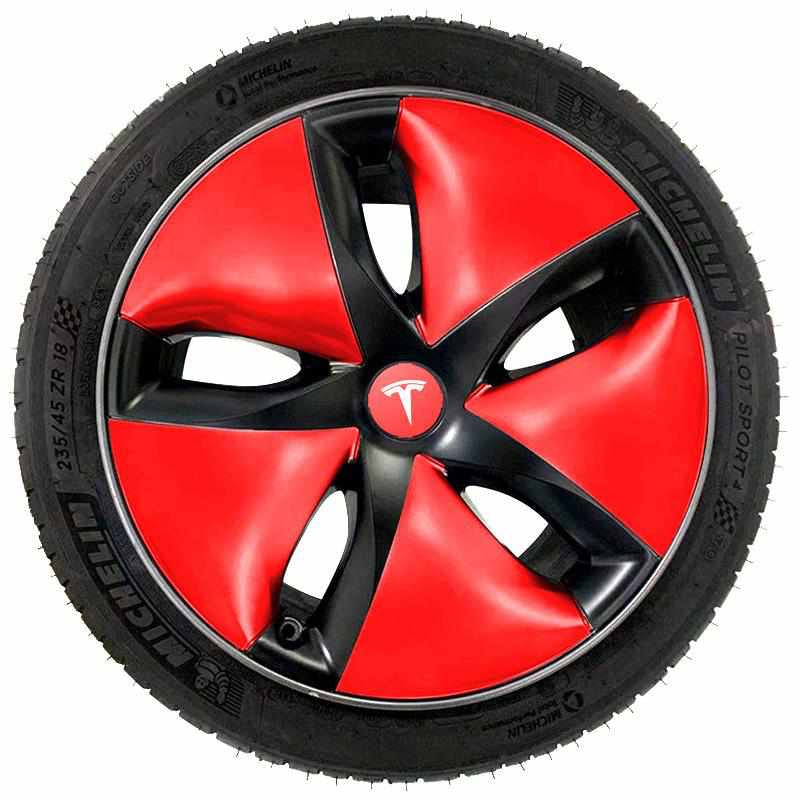 عدة تطوير جمالية لجنوط السيارة بلون أسود و أحمر (4 قطع) لسيارة من نوع تيسلا الطراز 3