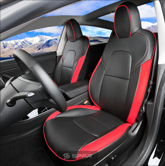 BLACK & RED CUSTOM LEATHER SEAT COVERS SET FOR TESLA MODEL 3