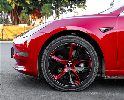 عدة تطوير جمالية لجنوط السيارة بلون أسود و أحمر لامع  (4 قطع) لسيارة من نوع تيسلا الطراز 3