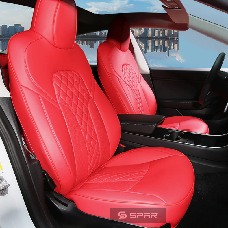 RED CUSTOM LEATHER SEAT COVERS SET FOR TESLA MODEL 3