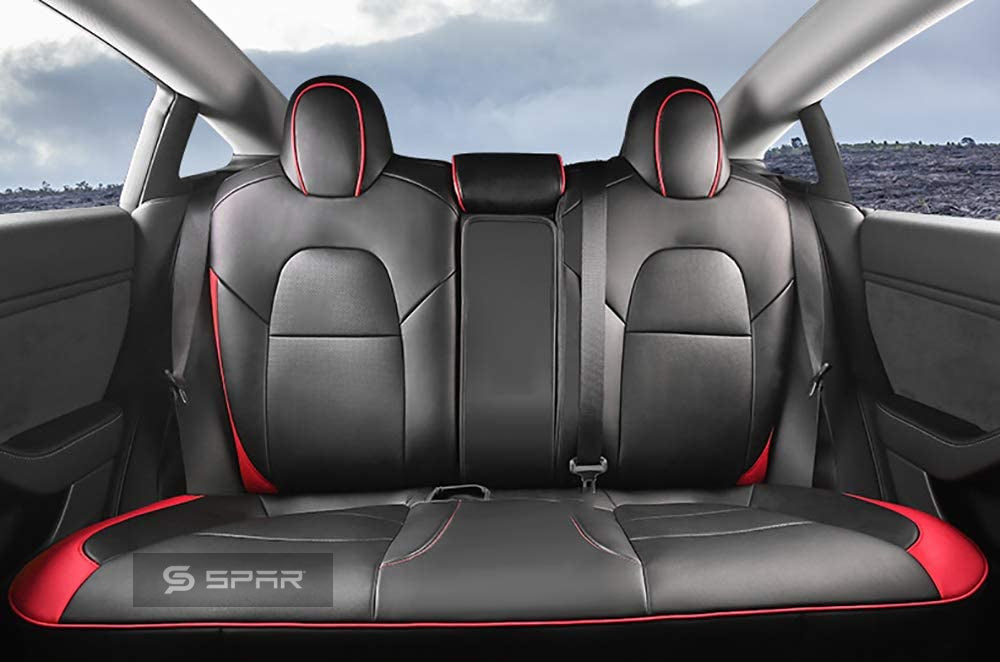 BLACK & RED CUSTOM LEATHER SEAT COVERS SET FOR TESLA MODEL 3