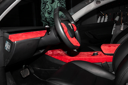عدة تطوير لداخلية السيارة من قماش الألكنتارا الايطالي بلون أحمر لسيارة من نوع تيسلا الطراز  3