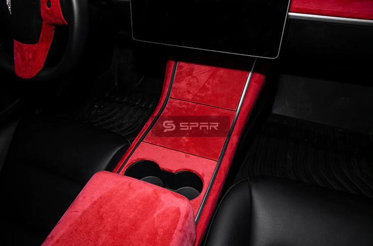 عدة تطوير لداخلية السيارة من قماش الألكنتارا الايطالي بلون أحمر لسيارة من نوع تيسلا الطراز  3
