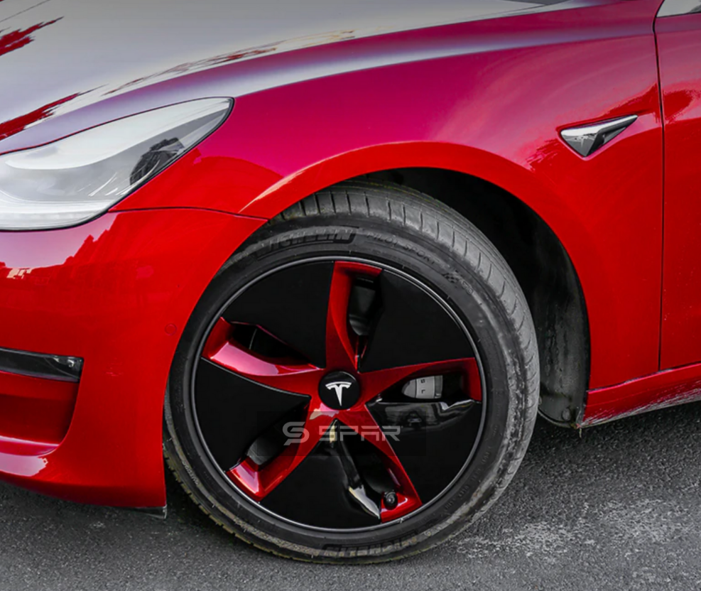 عدة تطوير جمالية لجنوط السيارة بلون أسود و أحمر لامع  (4 قطع) لسيارة من نوع تيسلا الطراز 3
